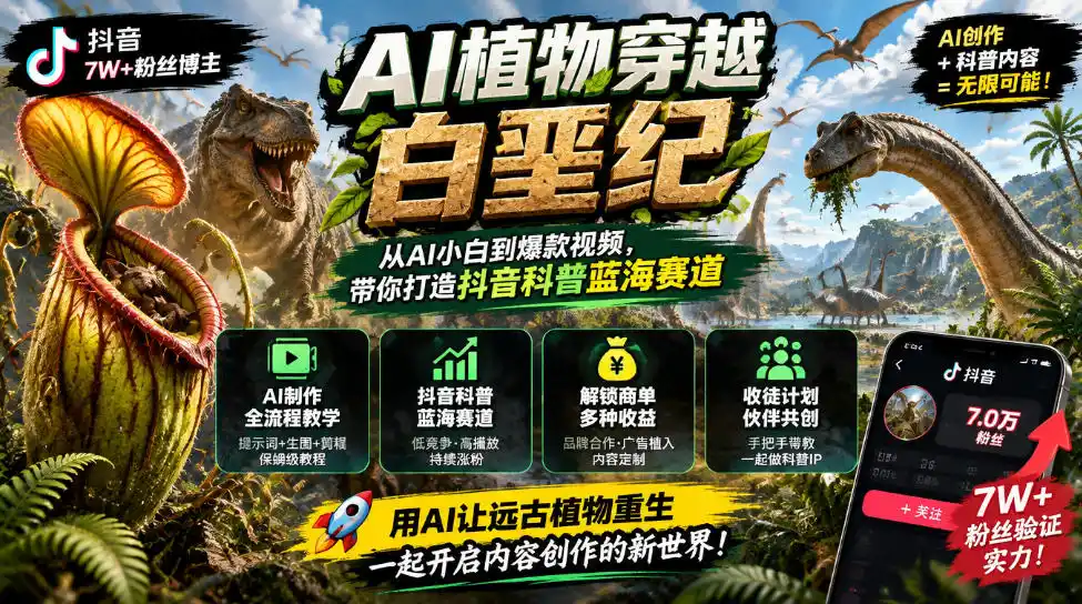 抖音7W粉丝博主的AI植物穿越白垩纪教学，抖音科普蓝海赛道，解锁商单收徒伙伴计划等多种收益-一起筹课网