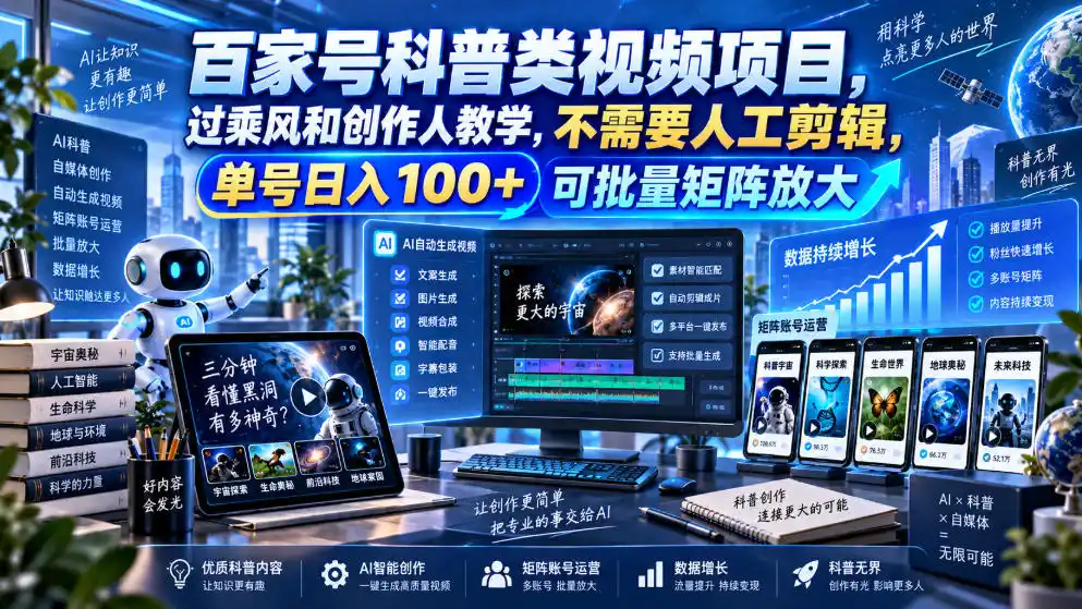 百家号科普类视频项目，过乘风和创作人教学，不需要人工剪辑，单号日入100+可批量矩阵放大-一起筹课网