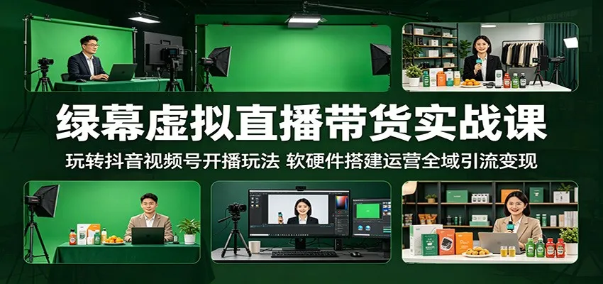 绿幕虚拟直播带货实战课：玩转抖音视频号开播玩法，软硬件搭建运营全域引流变现-一起筹课网