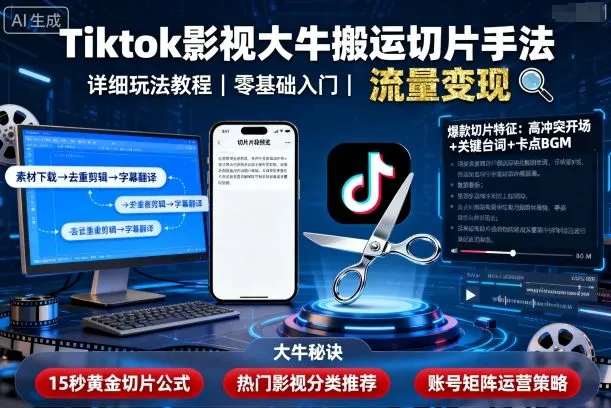 Tiktok影视大牛搬运切片手法，详细玩法教程-一起筹课网