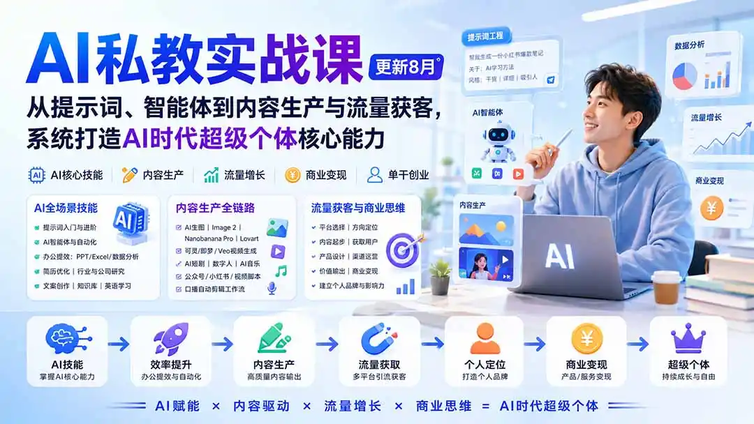AI私教实战课-更新8月：从提示词、智能体到内容生产与流量获客，系统打造AI时代超级个体核心能力-一起筹课网