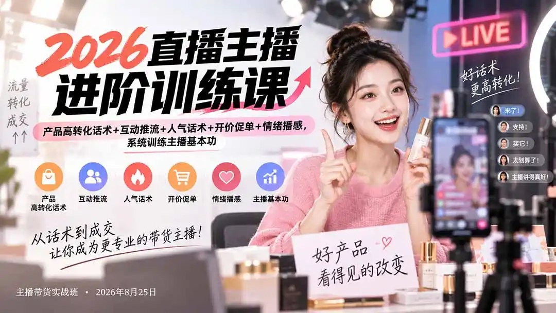 2026直播主播进阶训练课：产品高转化话术+互动推流+人气话术+开价促单+情绪播感，系统训练主播基本功-一起筹课网
