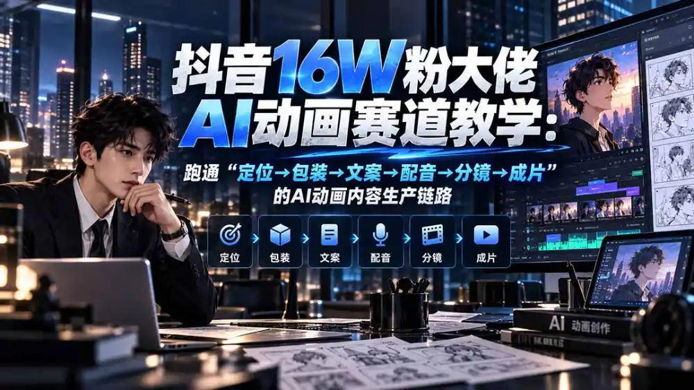 抖音16W粉大佬规则门禁AI动画赛道教学：跑通“定位→包装→文案→配音→分镜→成片”的AI动画内容生产链路-一起筹课网