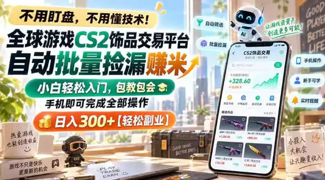 全球游戏CS2饰品交易平台自动批量捡漏賺米，小白轻松入门，包教包会，手机即可完成全部操作，日入300+【揭秘】-一起筹课网