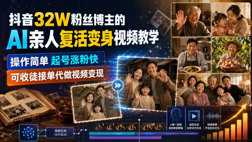 抖音32W粉丝博主的AI亲人复活变身视频教学，操作简单，起号涨粉快，可收徒接单代做视频变现-一起筹课网