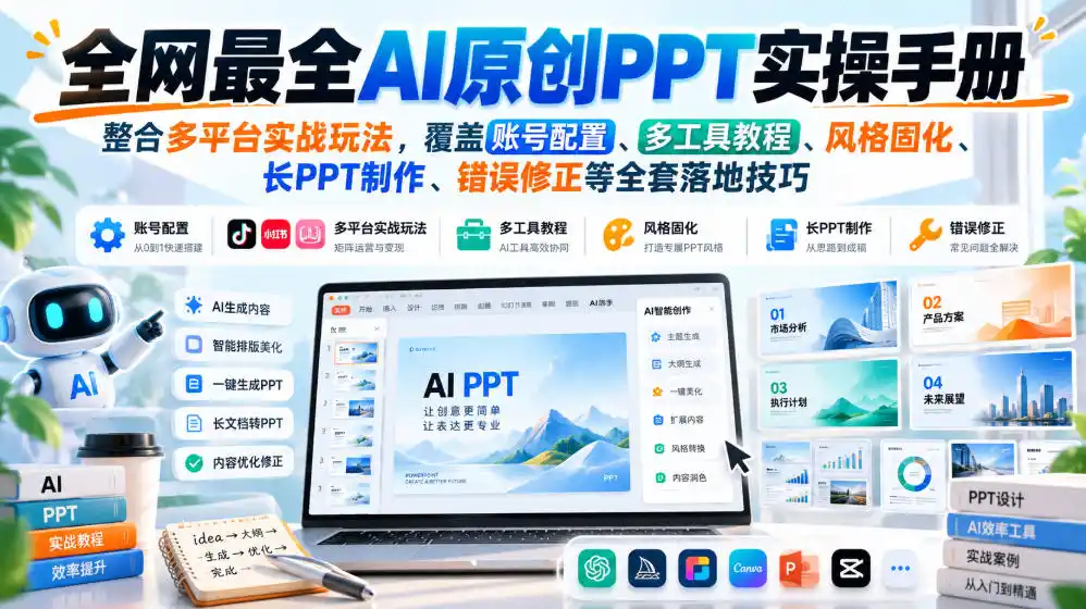 全网最全AI原创PPT实操手册，整合多平台实战玩法，覆盖账号配置、多工具教程、风格固化、长PPT制作、错误修正等全套落地技巧-一起筹课网