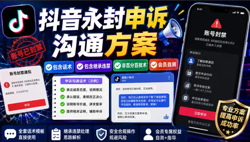 抖音永封申诉沟通方案，包含话术，包含继承违禁，非百分百技术，会员自测-一起筹课网