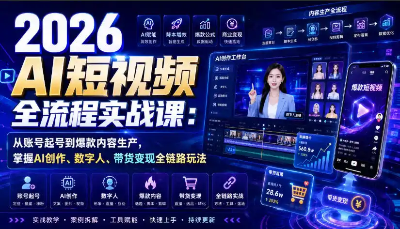 2026 AI短视频全流程实战课：从账号起号到爆款内容生产，掌握AI创作、数字人、带货变现全链路玩法-一起筹课网