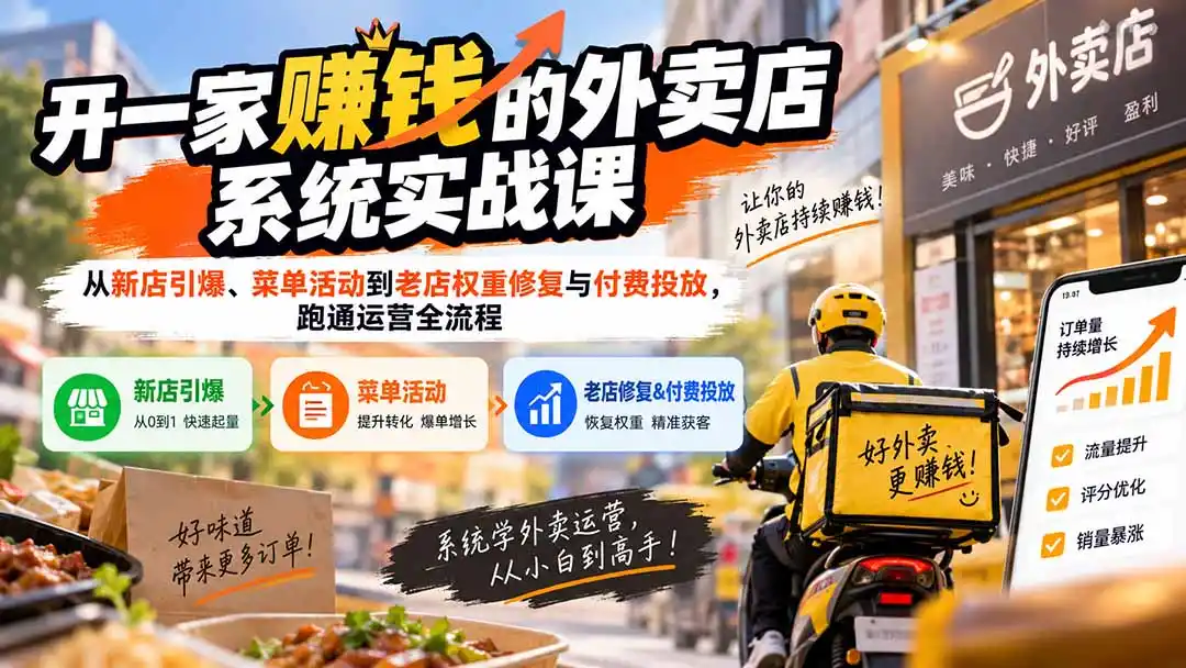 开一家赚钱的外卖店系统实战课：从新店引爆、菜单活动到老店权重修复与付费投放，跑通运营全流程-一起筹课网