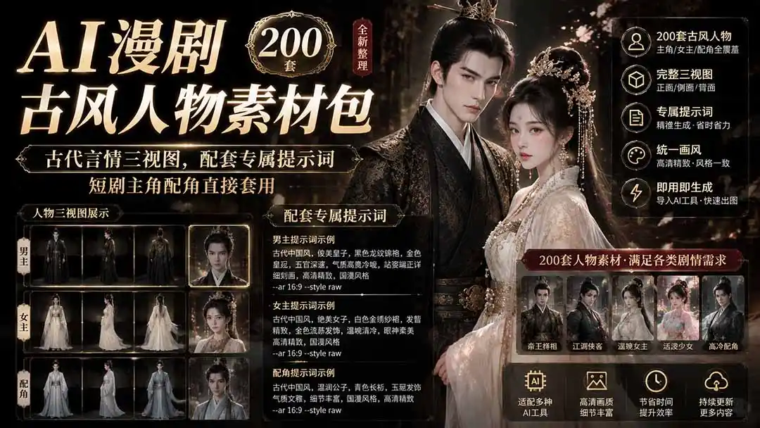 AI漫剧古风人物素材包+提示词｜200 套古代言情三视图，配套专属提示词短剧主角配角直接套用-一起筹课网
