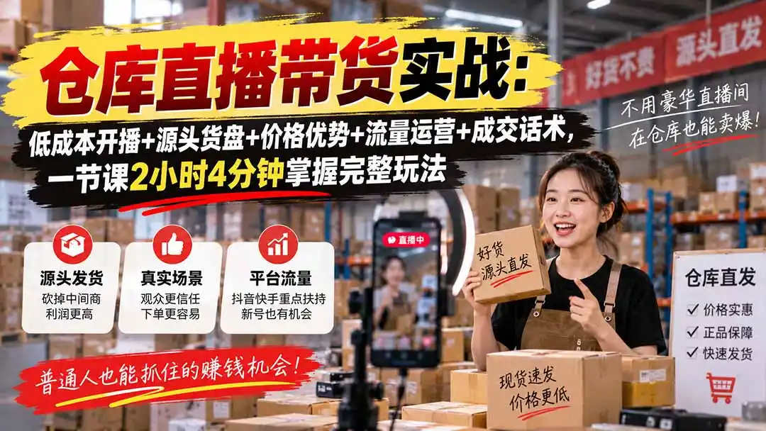 仓库直播带货实战：低成本开播+源头货盘+价格优势+流量运营+成交话术，一节课2小时4分钟掌握完整玩法-一起筹课网