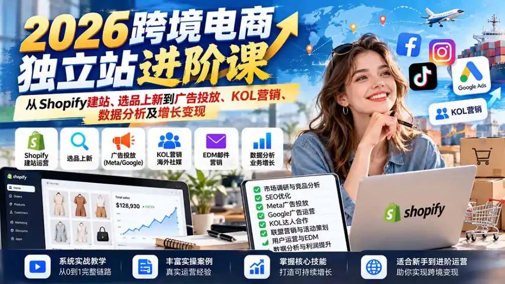 2026跨境电商独立站进阶课:从Shopify建站、选品上新到广告投放、KOL营销、数据分析及增长变现-一起筹课网