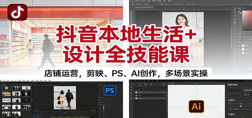 抖音本地生活+设计全技能课:店铺运营,剪映、PS、AI创作,多场景实操-一起筹课网
