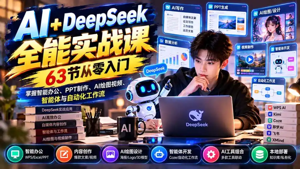 AI+DeepSeek全能实战课：63节从零入门，掌握智能办公、PPT制作、AI绘图视频、智能体与自动化工作流-一起筹课网