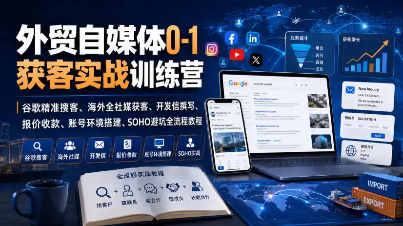 外贸自媒体0-1获客实战训练营｜谷歌精准搜客、海外全社媒获客、开发信撰写、报价收款、账号环境搭建、SOHO避坑全流程教程(更新)-一起筹课网