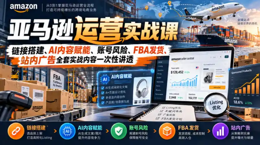 亚马逊运营实战课，链接搭建、AI内容赋能、账号风险、FBA发货、站内广告全套实战内容一次性讲透-一起筹课网