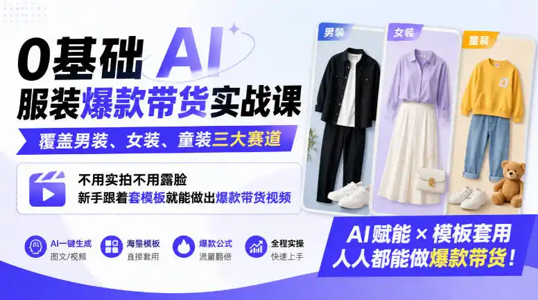 0基础AI服装爆款带货实战课｜覆盖男装、女装、童装三大赛道，不用实拍不用露脸，新手跟着套模板就能做出爆款带货视频(更新1010)-一起筹课网