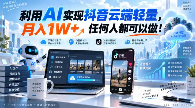 利用AI实现抖音云端轻量，月入1W+，任何人都可以做！【揭秘】-一起筹课网