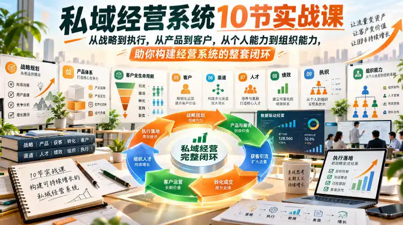 私域经营系统10节实战课，从战略到执行，从产品到客户，从个人能力到组织能力，助你构建经营系统的整套闭环-一起筹课网