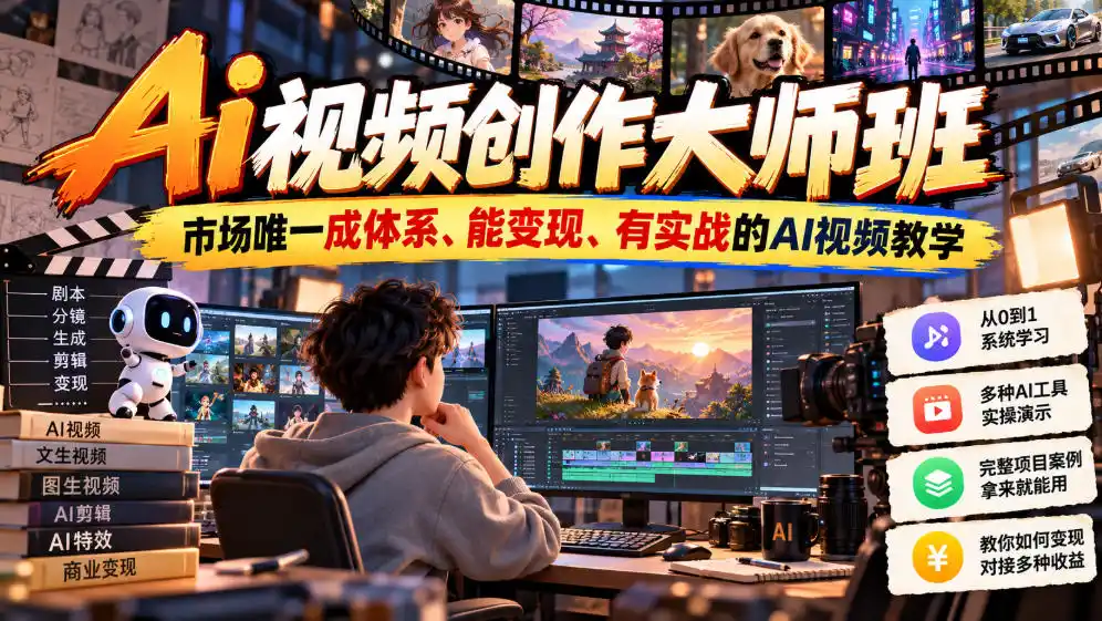 Ai视频创作大师班，市场唯一成体系、能变现、有实战的AI视频教学(更新2026)-一起筹课网