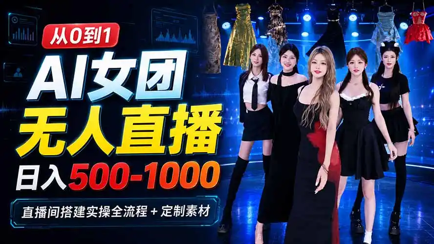 AI 女团无人直播，躺入500-1000每天，直播间搭建实操全流程+定制素材-一起筹课网