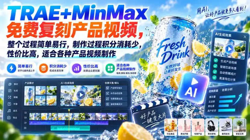 TRAE+MinMax免费复刻产品视频，整个过程简单易行，制作过程积分消耗少，性价比高，适合各种产品视频制作-一起筹课网