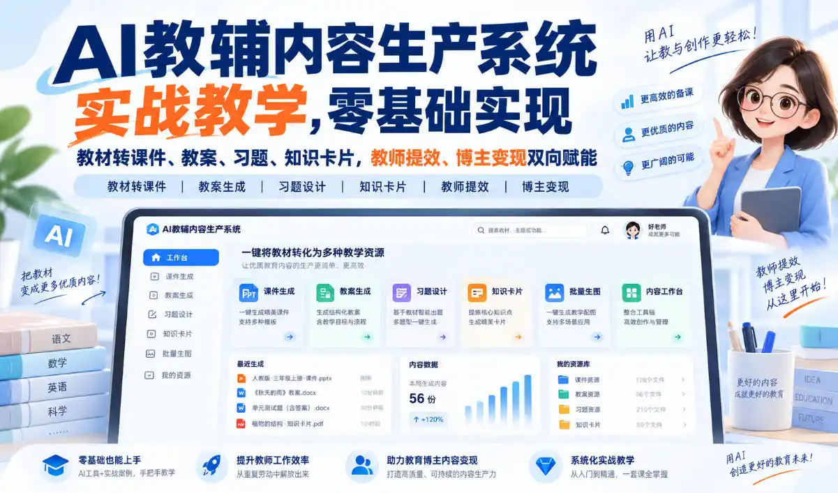 AI教辅内容生产系统实战教学，零基础实现教材转课件、教案、习题、知识卡片，教师提效、博主变现双向赋能-一起筹课网