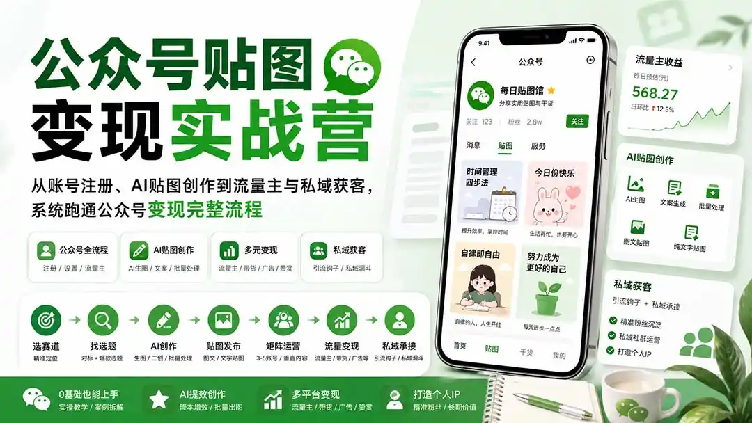 公众号贴图变现实战营：从账号注册、AI贴图创作到流量主与私域获客，系统跑通公众号变现完整流程-一起筹课网