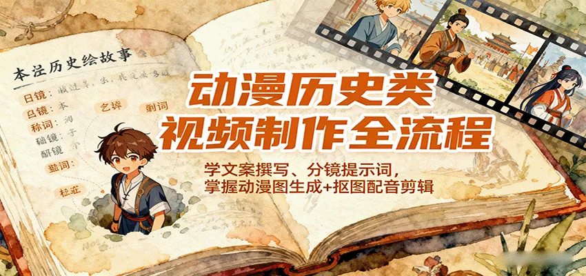 动漫历史类视频制作全流程，学文案撰写、分镜提示词，掌握动漫图生成+抠图配音剪辑-一起筹课网