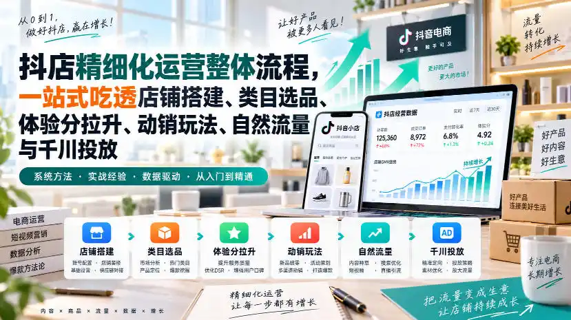 李哥电商-抖店精细化运营整体流程，一站式吃透店铺搭建、类目选品、体验分拉升、动销玩法、自然流量与千川投放-一起筹课网