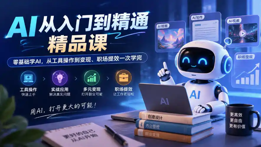 AI从入门到精通精品课，零基础学AI，从工具操作到变现、职场提效一次学完-一起筹课网