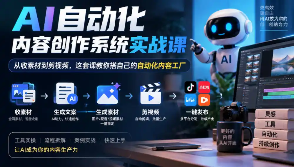 AI自动化内容创作系统实战课，从收素材到剪视频，这套课教你搭自己的自动化内容工厂-一起筹课网