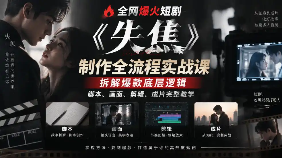 全网爆火短剧《失焦》制作全流程实战课|拆解爆款底层逻辑,脚本、画面、剪辑、成片完整教学-一起筹课网