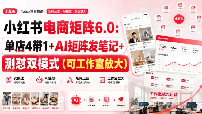 小红书电商矩阵6.0：单店4带1+AI矩阵发笔记+测怼双模式(可工作室放大)-一起筹课网