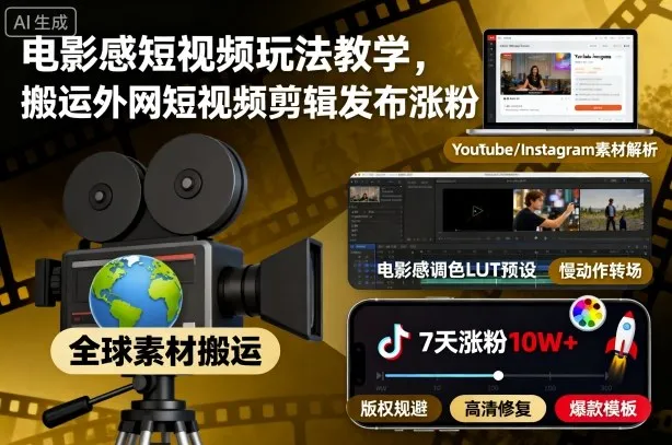 电影感短视频玩法教学,搬运外网短视频剪辑发布涨粉-一起筹课网