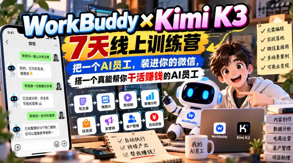 WorkBuddy×Kimi K3 7天线上训练营，把一个AI员工，装进你的微信，搭一个真能帮你干活賺钱的AI员工-一起筹课网