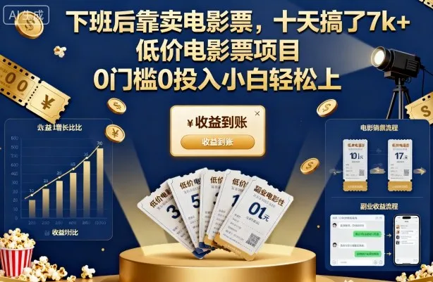 下班后靠卖电影票,十天搞了7k+,低价电影票项目,0门槛0投入小白轻松上手【揭秘】-一起筹课网
