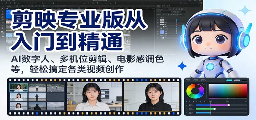 剪映专业版从入门到精通:AI数字人、多机位剪辑、电影感调色等,轻松搞定各类视频创作-一起筹课网