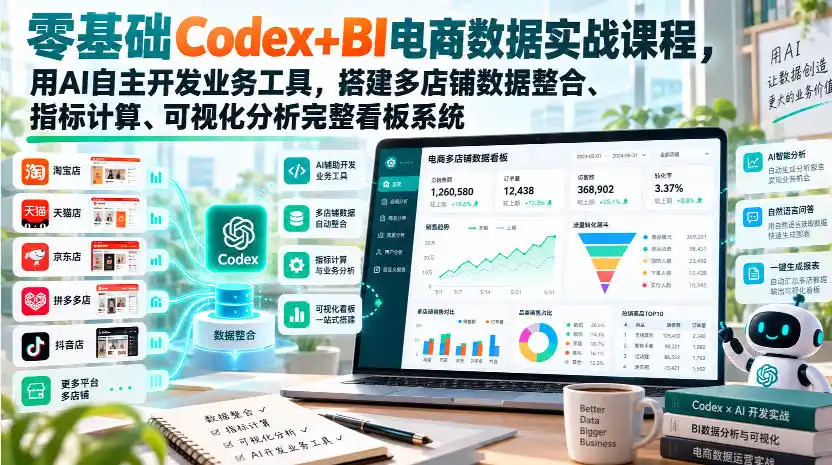 零基础Codex+BI电商数据实战课程，用AI自主开发业务工具，搭建多店铺数据整合、指标计算、可视化分析完整看板系统-一起筹课网