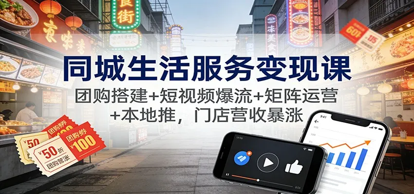 同城生活服务变现课：团购搭建+短视频爆流+矩阵运营+本地推，门店营收暴涨-一起筹课网
