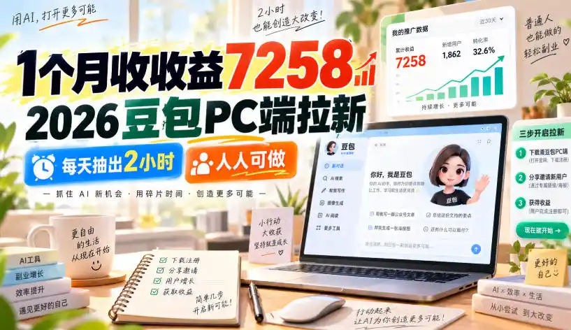 1个月收收益7258，2026豆包PC端拉新，每天抽出2小时，人人可做-一起筹课网