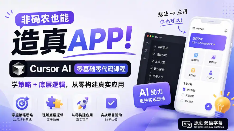 非码农也能造真APP！Cursor AI零基础零代码课程：学策略+底层逻辑，从零构建真实应用【原创双语字幕】-一起筹课网