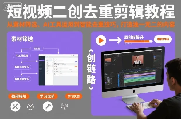 短视频二创去重剪辑教程，从素材筛选、AI工具运用到智能去重技巧，打造独一无二的内容-一起筹课网