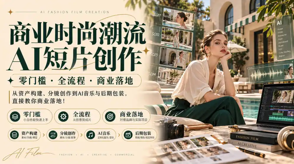 商业时尚潮流AI短片创作|零门槛・全流程・商业落地,从资产构建、分镜创作到AI音乐与后期包装,直接教你商业落地!-一起筹课网