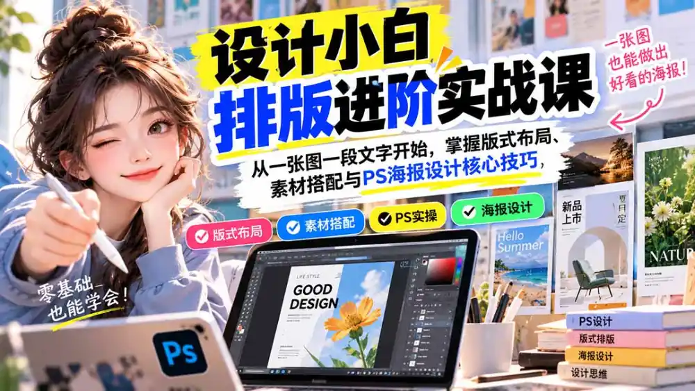 设计小白排版进阶实战课：从一张图一段文字开始，掌握版式布局、素材搭配与PS海报设计核心技巧-一起筹课网
