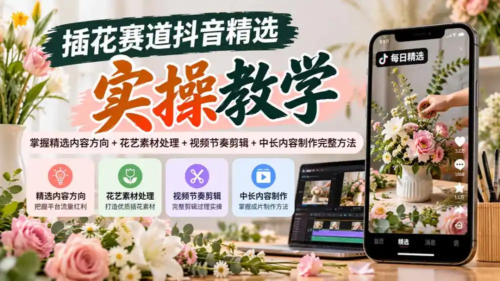 插花赛道抖音精选实操教学：掌握精选内容方向+花艺素材处理+视频节奏剪辑+中长内容制作完整方法-一起筹课网