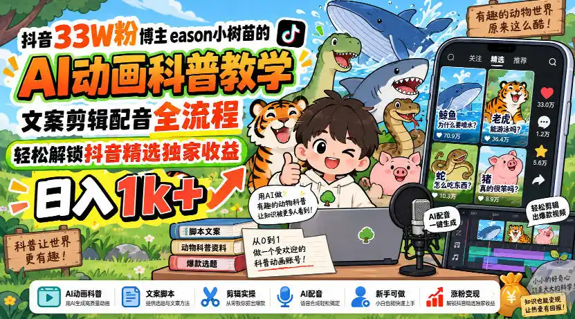 抖音33W粉博主eason小树苗的AI动画科普教学，文案剪辑配音全流程，轻松解锁抖音精选独家收益，日入1k+-一起筹课网