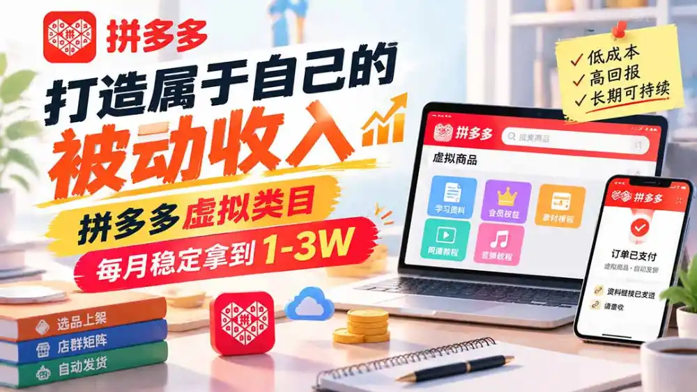打造属于自己的被动收入，拼多多虚拟类目，每月稳定拿到 1-3W-一起筹课网