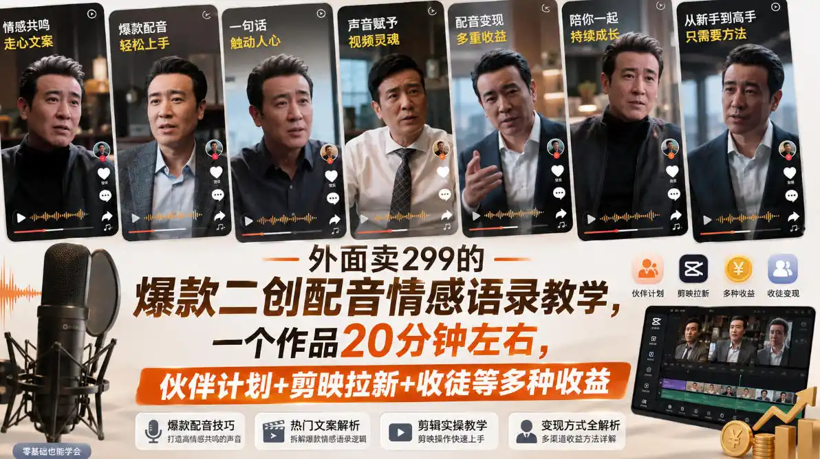 外面卖299的爆款二创配音情感语录教学，一个作品20分钟左右，伙伴计划+剪映拉新+收徒等多种收益-一起筹课网