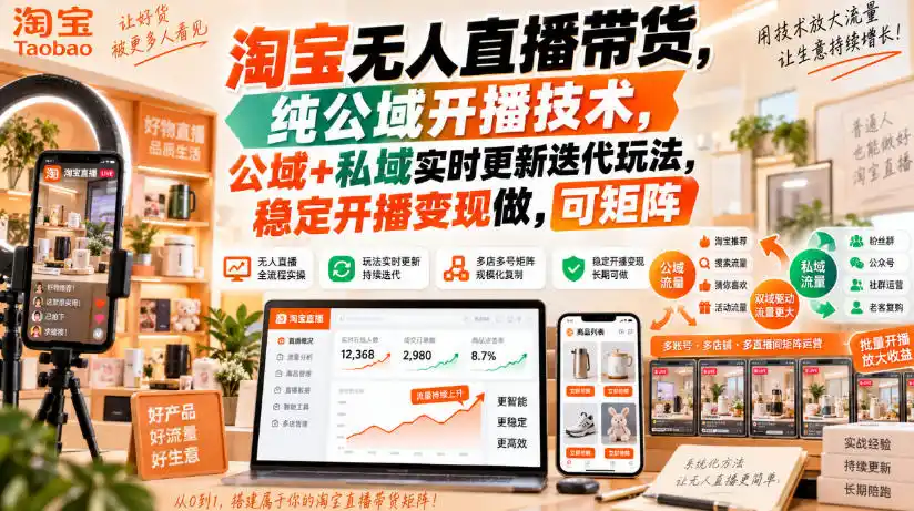 淘宝无人直播带货，纯公域开播技术，公域+私域实时更新迭代玩法，稳定开播变现做，可矩阵【揭秘】-一起筹课网